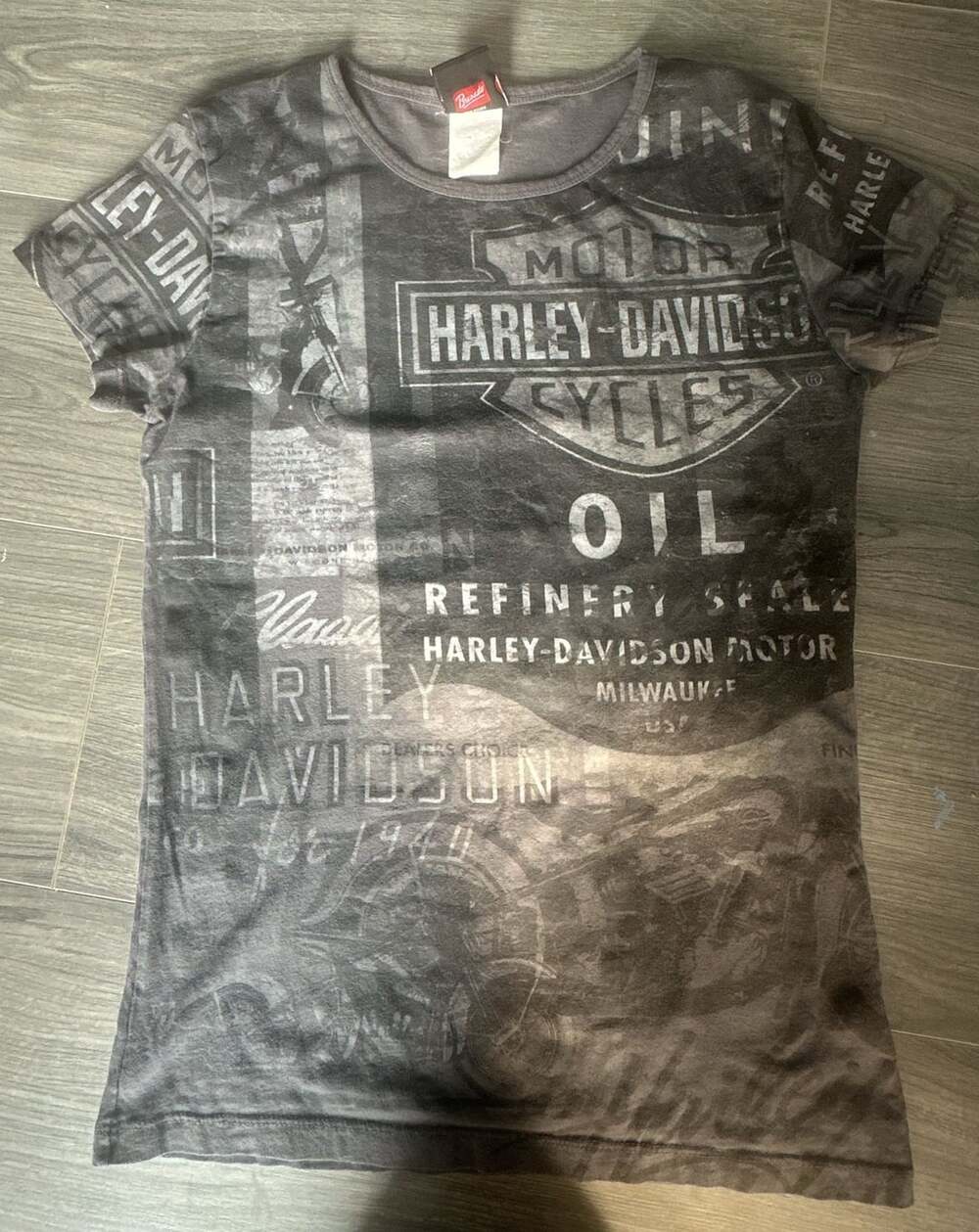 Harley-Davidson All Over Print Biker Graphic T-Shirt Gray Women's